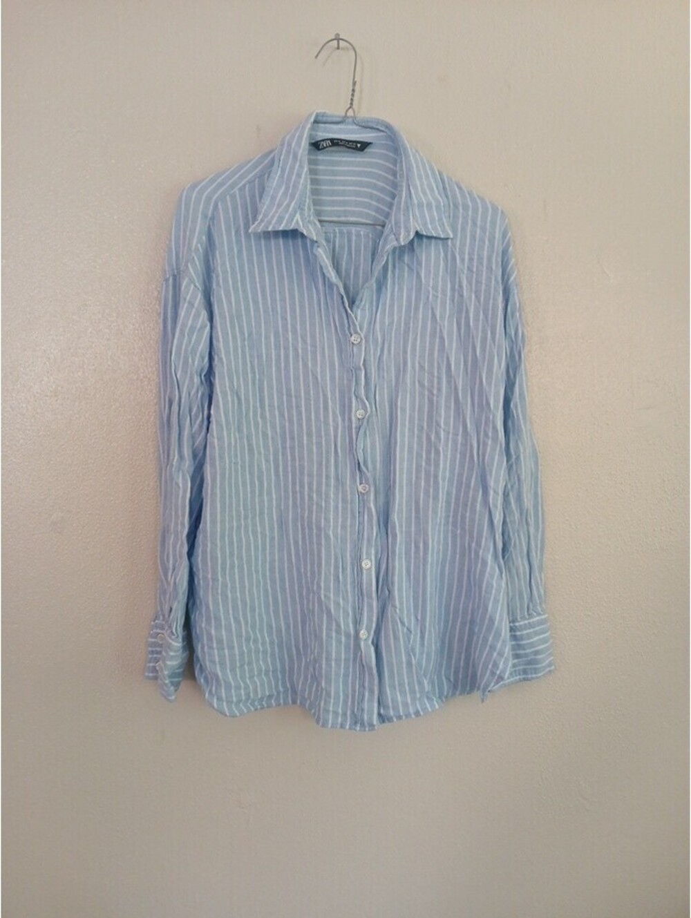 Zara XL Blue White Striped Linen Blend Button Back Shirt Blouse 7790/265 - Picture 2 of 11